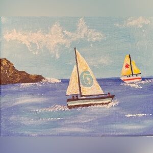 Coastal Canvas Art with Blue and White Sailboats Painting